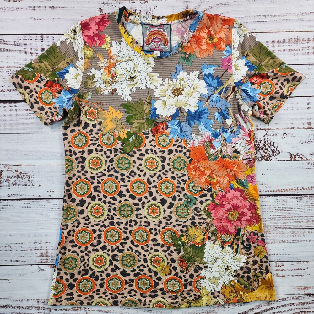 Johnny Was Taylor Leopard Favorite SS Crew Neck Floral Bamboo Tee T-Shirt XS